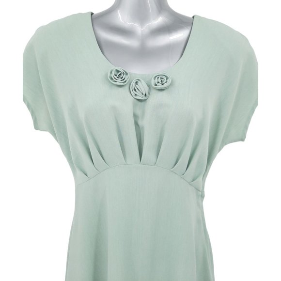 VTG 90s CDC Sage Green Short Sleeve Empire Waist Midi Dress Size 4 Pleated Roses - Picture 3 of 8